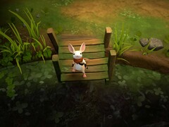 Quill se repose sur un pont en bois dans Moss : The Forgotten Relic.
