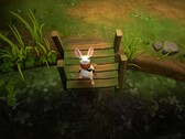 Quill se repose sur un pont en bois dans Moss : The Forgotten Relic.