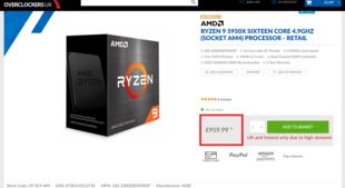 Prix du Ryzen 9 5950X. (Image source : Overclockers UK/Reddit - u/locutusuk68)