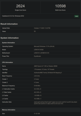 Liste Geekbench des Ryzen AI 7 450 (source : Geekbench)