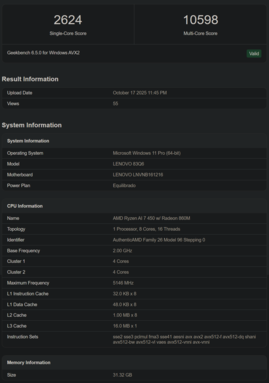 Liste Geekbench des Ryzen AI 7 450 (source : Geekbench)