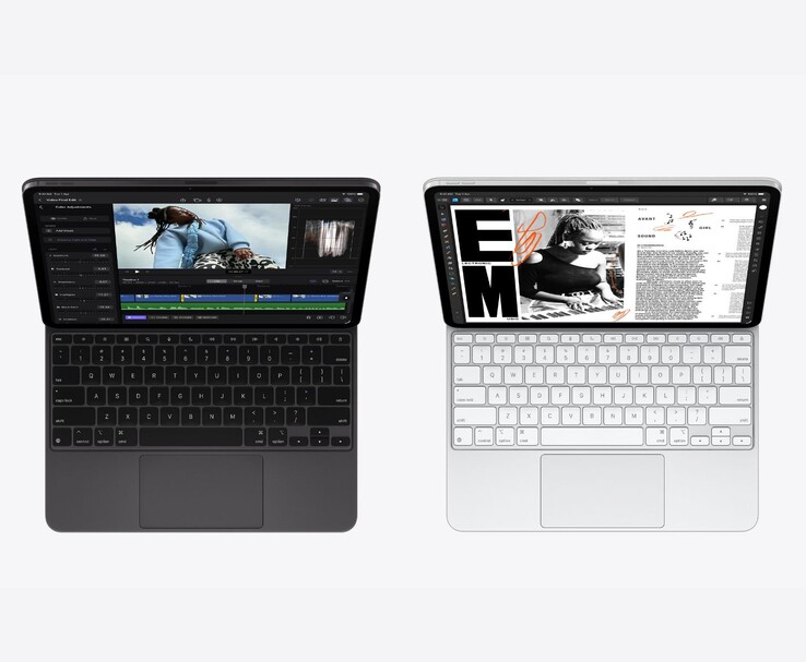 Apple les modèles d'iPad Pro M5 en noir et argent avec Magic Keyboard présentent des applications de montage vidéo et de documents sur l'écran OLED Ultra Retina XDR (Source d'image : Apple)