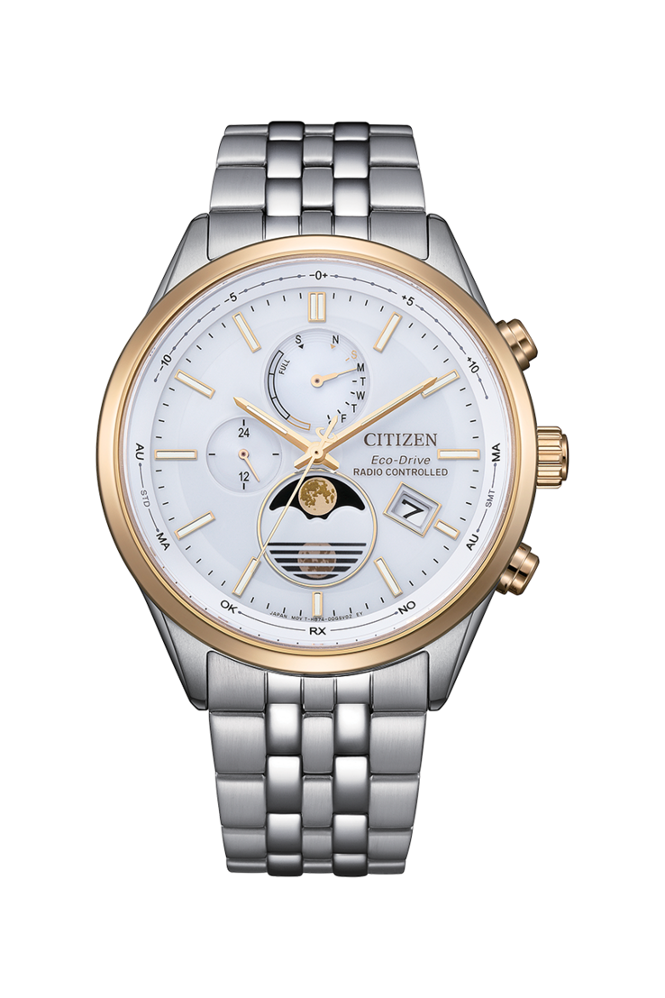Montre Citizen BY1034-59A Eco-Drive à phases de lune, dotée d’un cadran blanc et d’un bracelet bicolore en acier inoxydable.