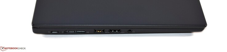 Côté gauche : 1 USB C 3.1 Gen 1 (charge), 1 Thunderbolt 3, miniEthernet, 1 USB A 3.0, HDMI 1.4b, prise jack.