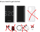 Contenu de la boîte de vente au détail du Samsung Galaxy : un téléphone, une boîte et un étui, avec un chargeur, un câble et des écouteurs barrés