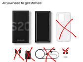 Contenu de la boîte de vente au détail du Samsung Galaxy : un téléphone, une boîte et un étui, avec un chargeur, un câble et des écouteurs barrés