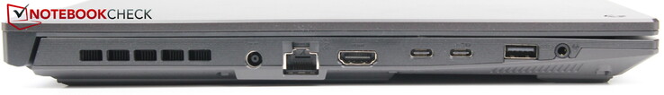 A gauche : Alimentation, LAN, HDMI 2.0b, Thunderbolt 4, USB-C 3.2 Gen 2, USB-A 3.0, prise audio