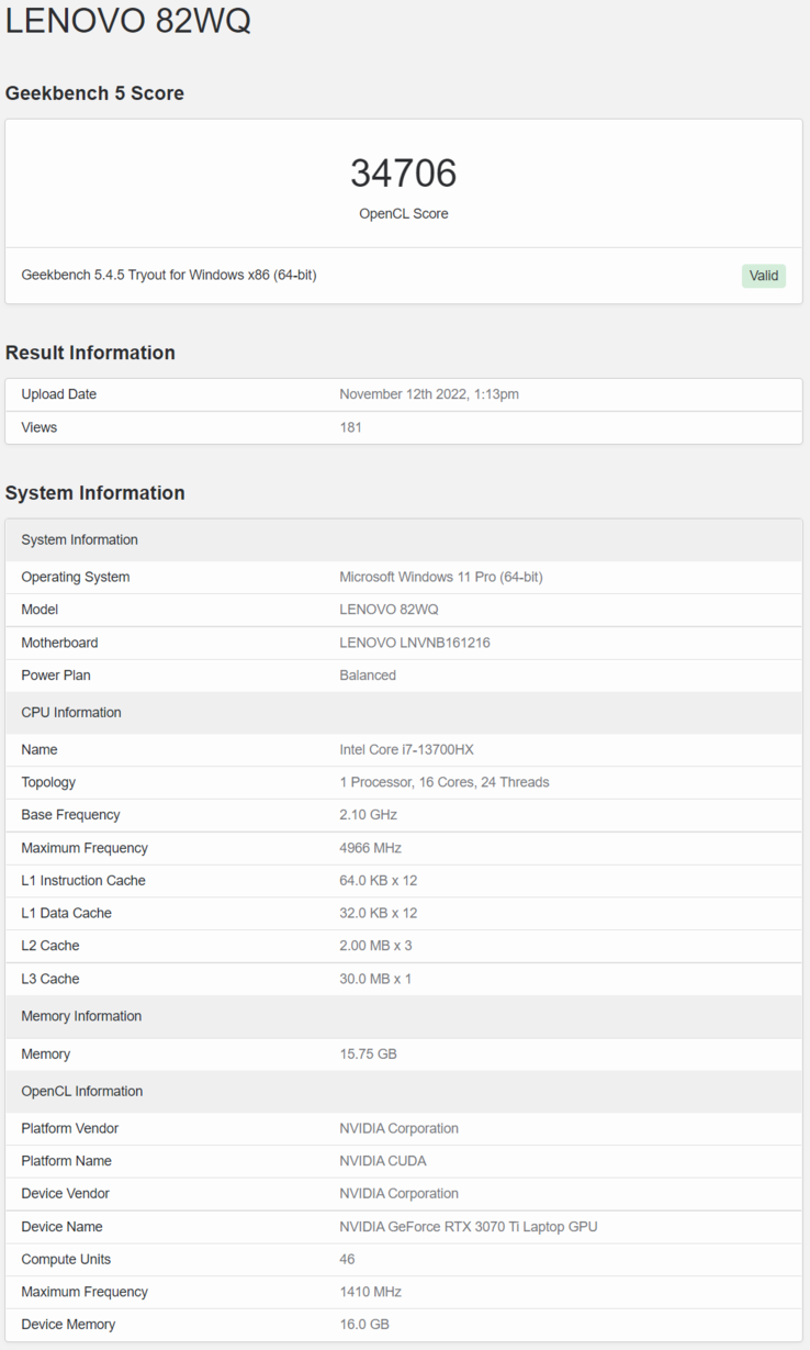 Intel Raptor Lake Core i7-13700HX dans le Lenovo IdeaPad 330 sur Geekbench. (Source : Geekbench)