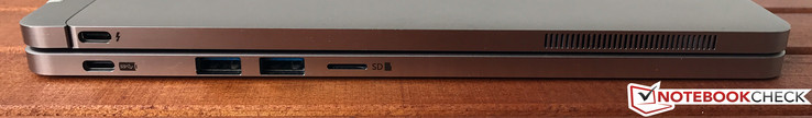 Côté gauche: USB Type-C avec Thunderbolt 3, aération (tablette), USB Type-C 3.1 avec Power Delivery, 2x USB Type-A 3.0, lecteur de carte microSD (dock clavier)
