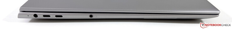A gauche : Alimentation, 2x USB-C 4.0 avec Thunderbolt 4 (40 GBit/s, DisplayPort-ALT 1.4), stéréo 3,5 mm