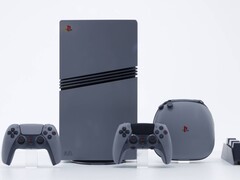 Console PlayStation 5 Pro 30th Anniversary en édition limitée, gris rétro, avec deux manettes DualSense assorties, un étui de transport et une station d'accueil pour la recharge des manettes. (Source de l'image : Sony Interactive Entertainment)