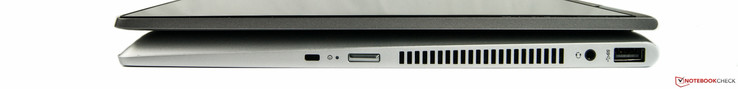 Côté gauche : USB A, combo jack stéréo, entrée secteur, verrou de sécurité.