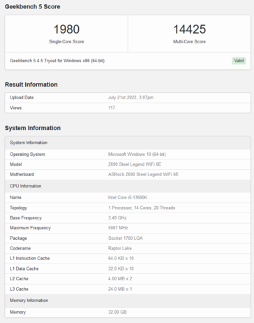 Liste Geekbench du Intel Core i5-13600K (image via Geekbench)