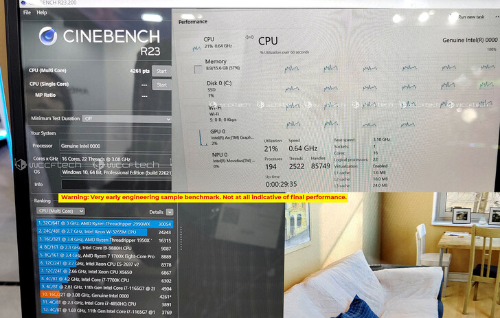 Meteor Lake-U/P/H dans Cinebench R23 (Image Source : Videocardz via Wccftech)