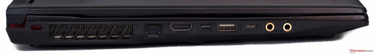 Côté gauche : verrou de sécurité Kensington, Ethernet, HDMI, mini DisplayPort, USB A 3.0, USB C 3.1 Gen 2, jack écouteurs, jack microphone.
