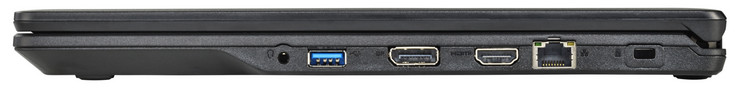 Côté droit : combo jack écouteurs / micro, USB A 3.1 Gen 1, DisplayPort, Ethernet gigabit, verrou de sécurité Kensington.