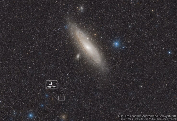 Image montrant la position de 433 Eros et de la galaxie d'Andromède le 19 novembre 2025. (Source de l'image : Gianluca Masi, Virtual Telescope Project)