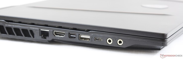 Côté gauche : verrou de sécurité Kensington, 1 Gbps RJ-45, mini DisplayPort, USB A 3.2 Gen 2, USB C 3.2 Gen. 2, écouteurs 3,5 mm, micro 3,5 mm.