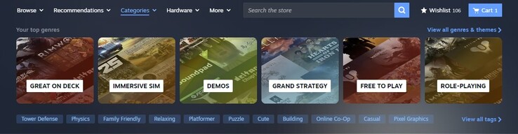 Le nouvel onglet "Catégories" est adapté au comportement des joueurs. (Source de l'image : Steam)