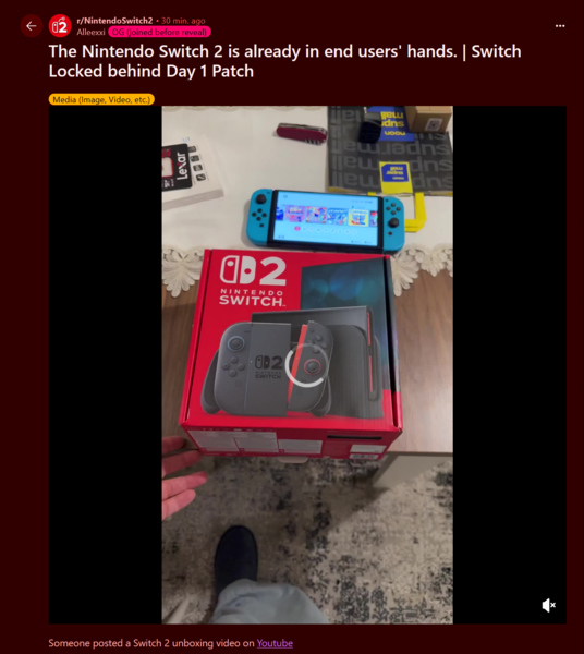 Vidéo de déballage de la Nintendo Switch 2 post Reddit (Image source : Nintendo Switch 2 subreddit)