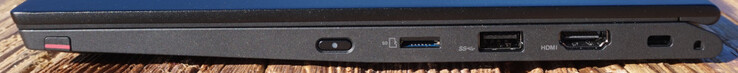 Droite : ThinkPad Pen Pro, bouton d'alimentation, microSD, USB-A (10 Gbps), HDMI 2.0, verrou Kensington