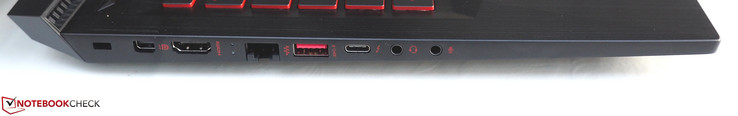 Côté gauche: Slot de verrouillage Kensington, Mini-DisplayPort, HDMI, RJ45-LAN, USB 3.0, Thunderbolt 3, sortie casque, entrée microphone