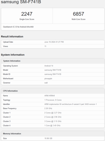 Samsung Galaxy Z Flip6 Geekbench listing avec 12 Go de RAM (image via Geekbench)
