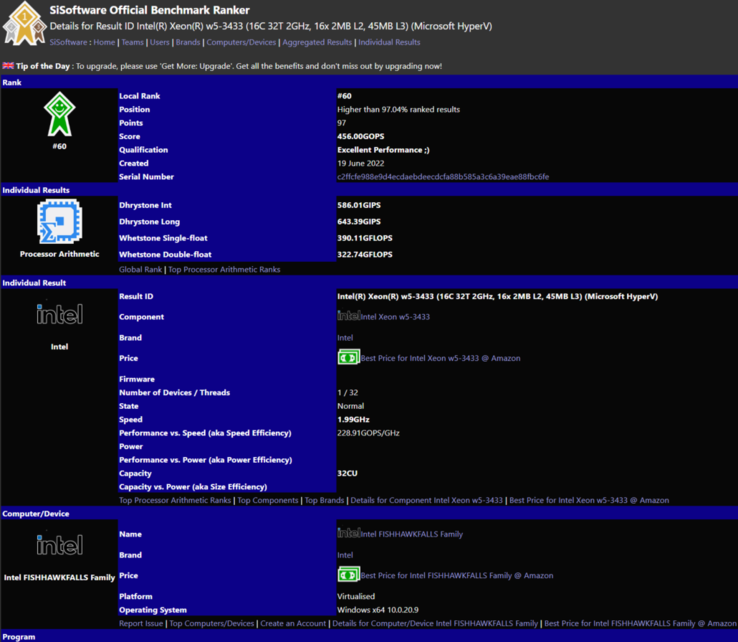 Intel Xeon W5-3433 sur le site Web du benchmark SiSoftware Sandra. (Source : SiSoftware)