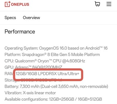 OnePlus 15 RAM