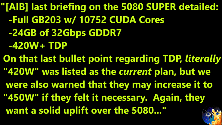 Fuite des spécifications de la RTX 5080 Super. (Source de l'image : Moore's Law Is Dead sur YouTube)