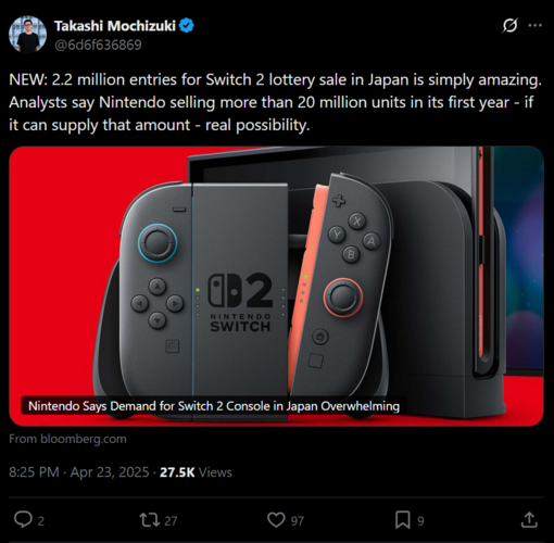 Message de Takashi Mochizuki X sur les ventes de la Switch au cours de la première année (Source de l'image : capture d'écran, compte de Takashi Mochizuki X)
