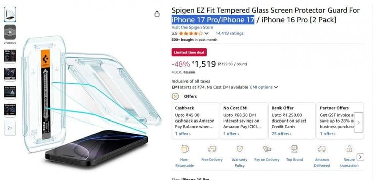 Une capture d'écran présumée de la mise à jour de la page Amazon de Spigen qui a fait l'objet d'une fuite. (Source : GSMArena)