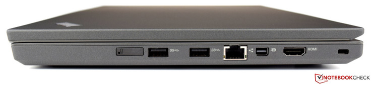 Right: SIM-card slot, 2x USB 3.0, RJ45-LAN, mini DisplayPort, HDMI, Kensington lock