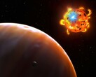 Une illustration montrant une étoile, une exoplanète et un satellite naturel.