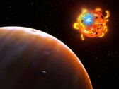 Une illustration montrant une étoile, une exoplanète et un satellite naturel.
