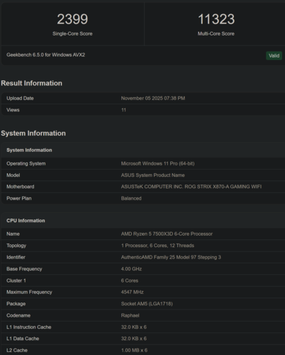 Score Geekbench de l'AMD Ryzen 5 7500X3D (source d'image : Geekbench)
