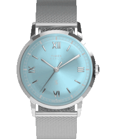 Montre Timex x Todd Snyder Marlin Mesh dotée d’un cadran bleu aqua à effet soleil et d’un bracelet milanais.