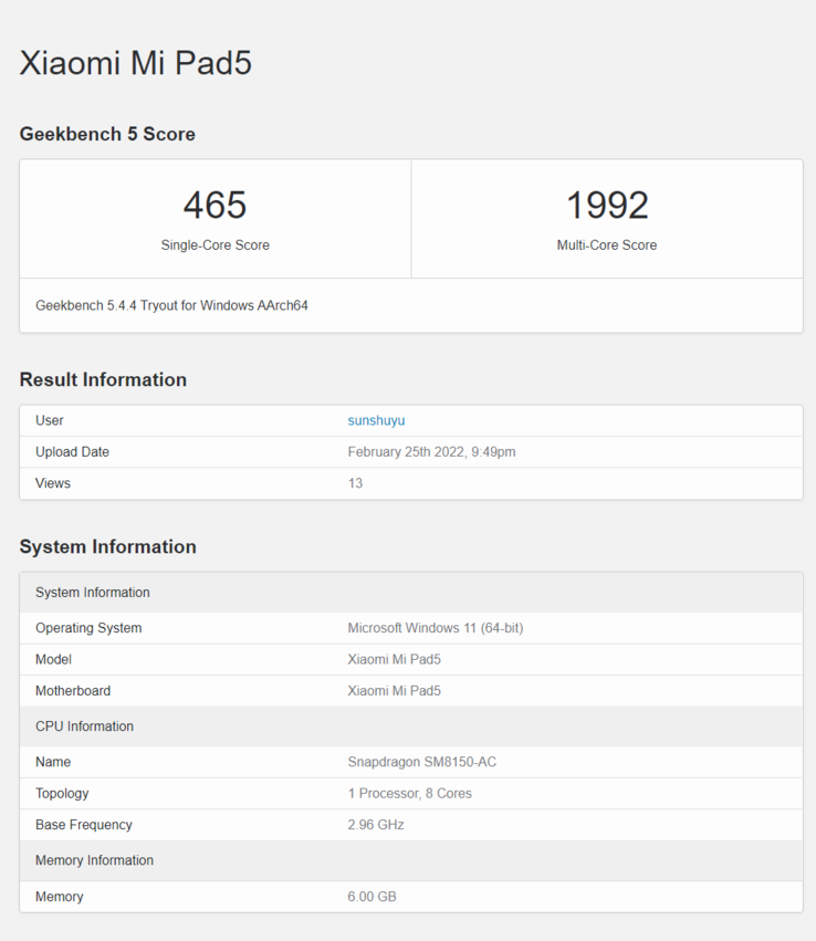 Mi Pad 5 Windows 11 score Geekbench (image via ITHome)