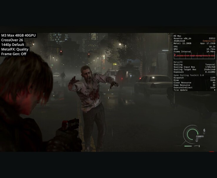 Resident Evil Requiem sur M3 Max Mac via CrossOver 26 à 1440p avec MetalFX Quality affichant environ 50 FPS.
