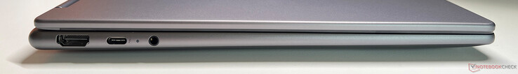 À gauche : HDMI 1.4b, USB-C 4.0 avec Thunderbolt 4 (40 Gbit/s, DisplayPort 2.1, Power Delivery 3.0), audio 3,5 mm