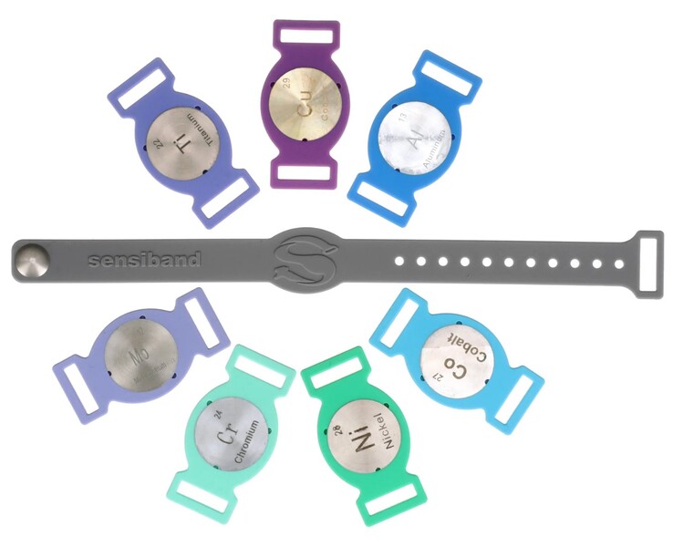 Le wearable Sensiband est composé de 7 métaux courants qui provoquent des allergies et d'un bracelet en silicone (Source : Sensiband)