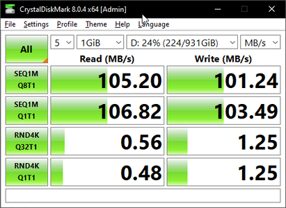 CrystalDiskMark 8 sur un élément plus couramment utilisé pour le stockage externe, un disque dur externe Toshiba connecté via USB 3.0. Notez les améliorations majeures dans les lectures et écritures aléatoires.