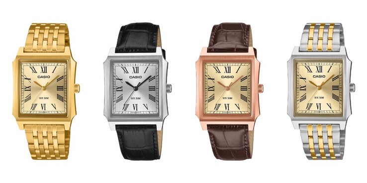 De gauche à droite : les montres Casio MTP-B190G-9BV, MTP-B190L-7BV, MTP-B190RGL-9BV et MTP-B190SG-9BV