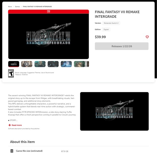 Final Fantasy 7 Remake Intergrade Nintendo eShop listing with file size (Image source : screenshot, Nintendo eShop)