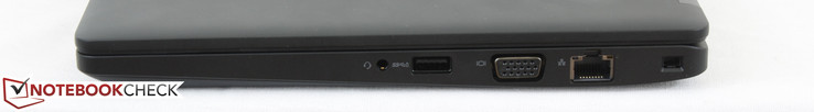 Côté droit : sortie 3,5 mm, USB 3.0, sortie VGA, RJ-45 Gigabit, Verrou Noble.
