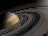 Illustration d'artiste montrant les anneaux de Saturne et plusieurs lunes.