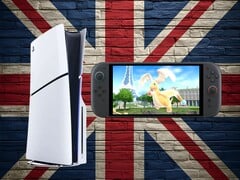 Les consoles PS5 et Switch 2 sur fond de drapeau de l&#039;Union Jack (Source de l&#039;image : Sony PlayStation, Nintendo avec modifications)
