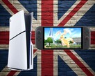 Les consoles PS5 et Switch 2 sur fond de drapeau de l'Union Jack (Source de l'image : Sony PlayStation, Nintendo avec modifications)