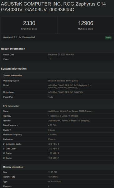 Liste Geekbench de Ryzen 9 8945HS (image via Geekbench)