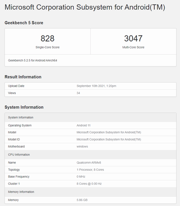 Liste Geekbench du sous-système Windows 11 Android sur ARM. (Source : Geekbench)